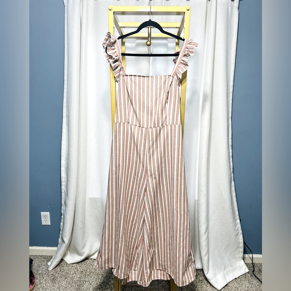 Shein, 1x; terracotta, beige, grey, pink striped halter back jumpsuit.